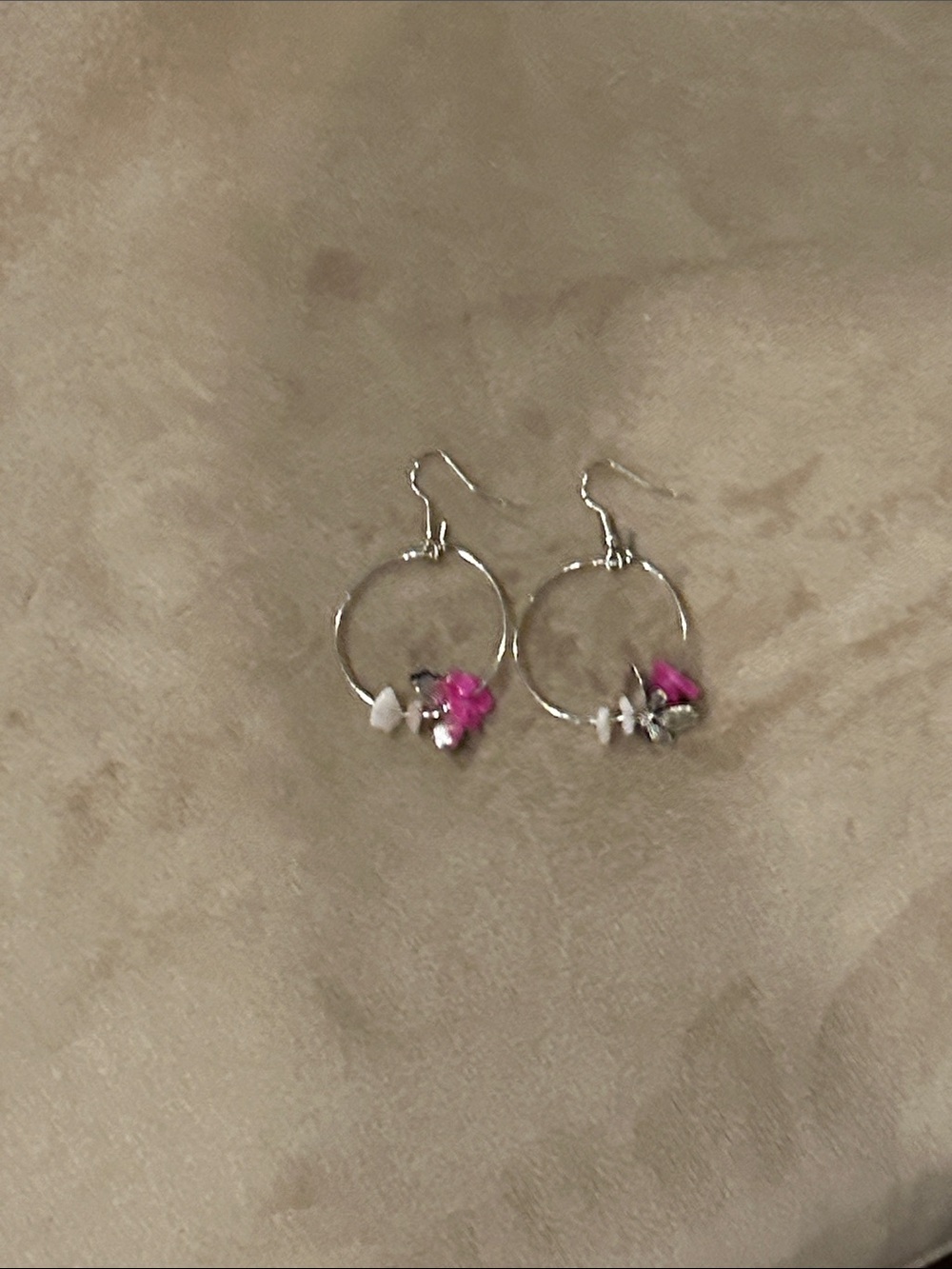 Silver Hoop Earrings with Pink Accent Beads - Women Jewelry